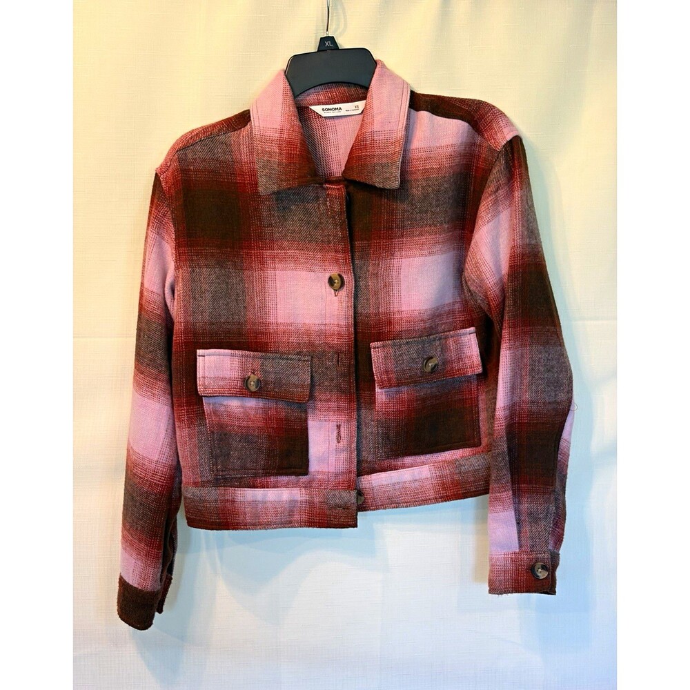 Sonoma Goods For Life Women’s Pink Brown Plaid Button Jacket Collared Size XS